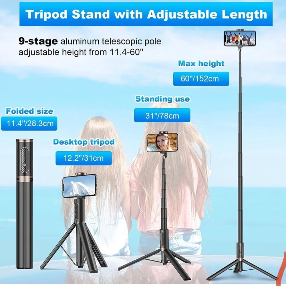 BRAND NEW SELFIE STICK 60”TRIPOD COMBO. ALL IN 1 WITH WIRELESS REMOTE
